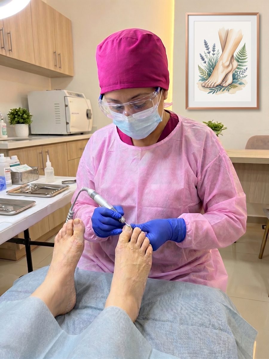 Podóloga con equipo de bioseguridad completo — gorro, antiparras, mascarilla, guantes y delantal — atendiendo los pies de una paciente en box clínico